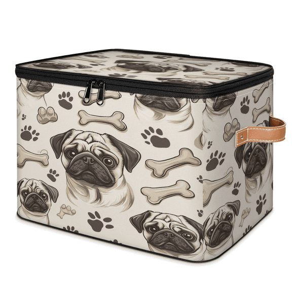 ADECORIVY Dog Paw Storage Bin with Lid Fabric Pug Bone Foldable Storage Baskets Boxes for Clothes Shelves Closet Organizer Containers with Leather Handles for Wardrobe
