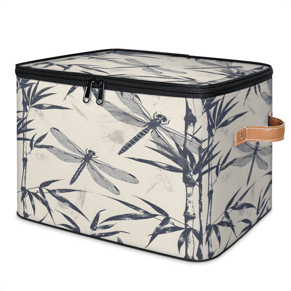 ADECORIVY Dragonfly Bamboos Storage Bin with Zipper Lid, Fabric Storage Baskets Boxes with Handles, Decorative Clothes Organizer Containers for Shelves, Wardrobe, Closet