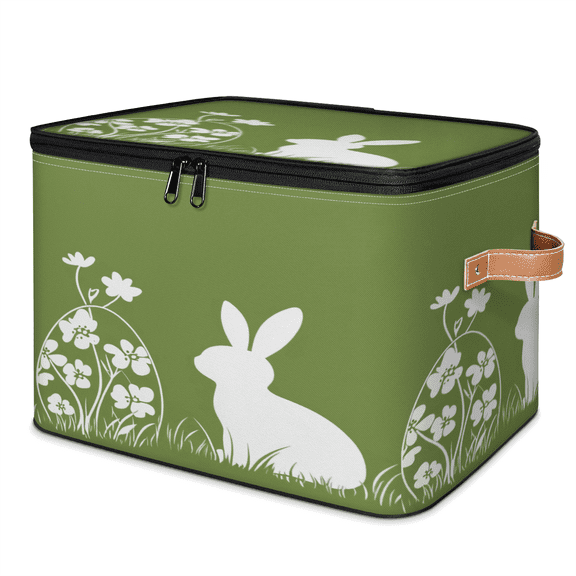 ADECORIVY Easter Bunny Storage Bin with Lid Fabric Eggs Green Foldable Storage Baskets Boxes for Clothes Shelves Closet Organizer Containers with Leather Handles for Wardrobe