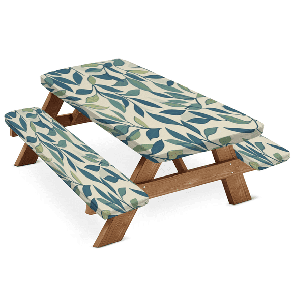 ADECORIVY Eucalyptus Leaf Picnic Table Cover with Bench Covers, Waterproof Sage Green Spring Botanical Outdoor Camping Tablecloth, Windproof Elastic Fitted Table Cover, 72 Inch 3PCS