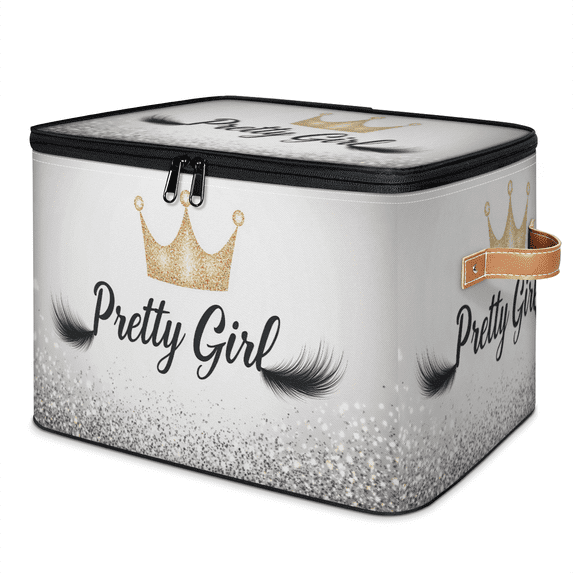 ADECORIVY Eyelash Silver Glitter Storage Bin with Zipper Lid, Fabric Storage Baskets Boxes with Handles, Decorative Clothes Organizer Containers for Shelves, Wardrobe, Closet