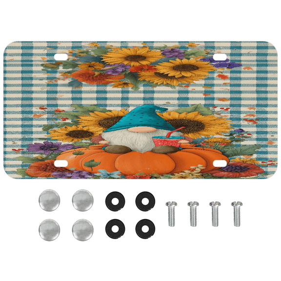 ADECORIVY Fall Gnome Flowers Front License Plate, Pumpkin Plaid Novelty Vanity Tag Aluminum License Plate with 4 Holes, Metal Car Accessory for Men Women, 6 x 12 Inch