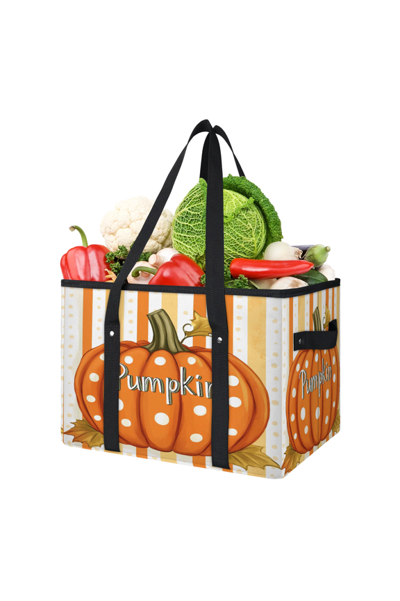 Fall Pumpkin Reusable Grocery Bags, Foldable Reusable Shopping Bags, Striped Polka Dot Collapsible Tote Bag with Reinforced Handles for Kitchen, Picnic