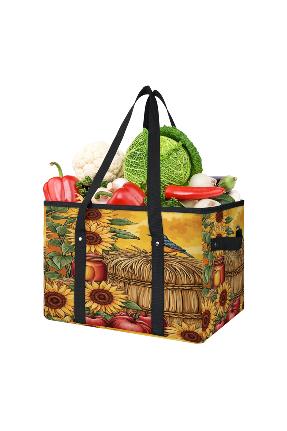 Fall Sunflower Reusable Grocery Bags, Foldable Reusable Shopping Bags, Apples Birds Collapsible Tote Bag with Reinforced Handles for Kitchen, Picnic