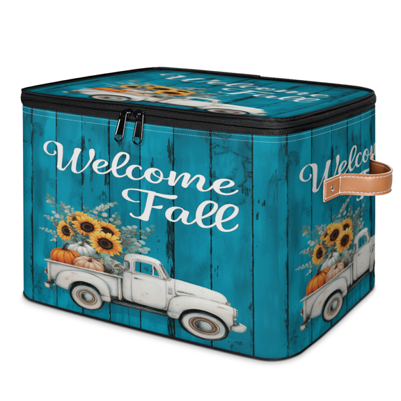 ADECORIVY Fall Truck Storage Bin with Lid Fabric Pumpkin Sunflower Foldable Storage Baskets Boxes for Clothes Shelves Closet Organizer Containers with Leather Handles for Wardrobe