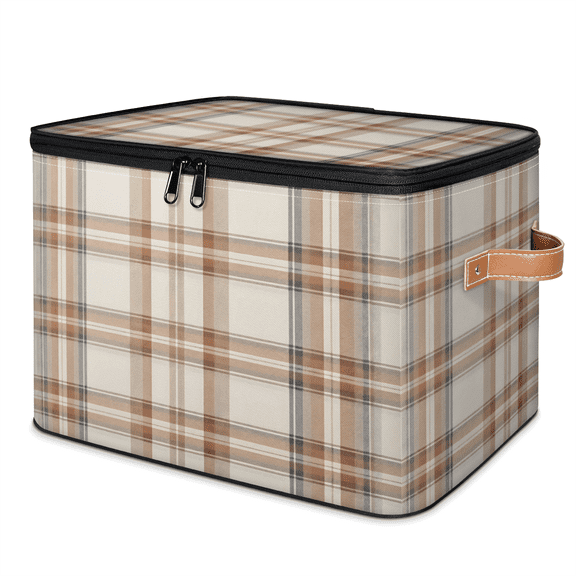 ADECORIVY Farmhouse Plaid Storage Bin with Lid Fabric Beige Foldable Storage Baskets Boxes for Clothes Shelves Closet Organizer Containers with Leather Handles for Wardrobe