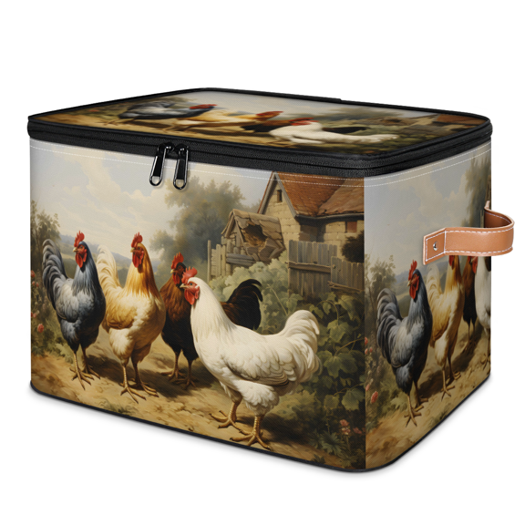 ADECORIVY Farmhouse Roosters Storage Bin with Zipper Lid, Fabric Storage Baskets Boxes with Handles, Decorative Clothes Organizer Containers for Shelves, Wardrobe, Closet