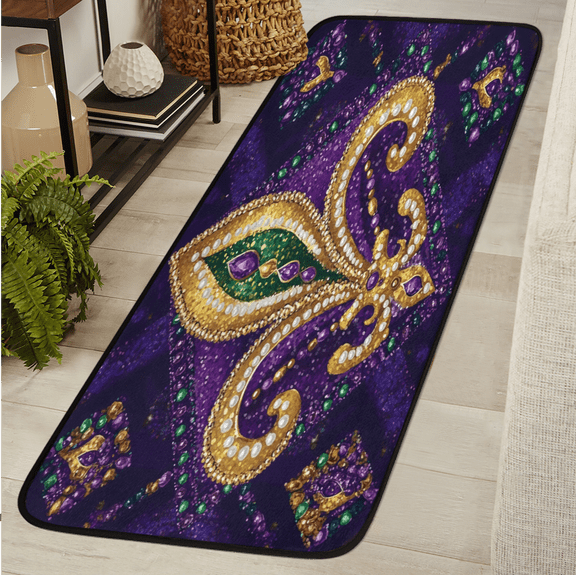 ADECORIVY Fat Tuesday Mardi Gras Washable 2x6 Kitchen Runner Rug Hallway Runner Rug Non-Slip Floor Mat Fleur De Lis Purple Carpet for Entryway Entrance Living Room Bedroom