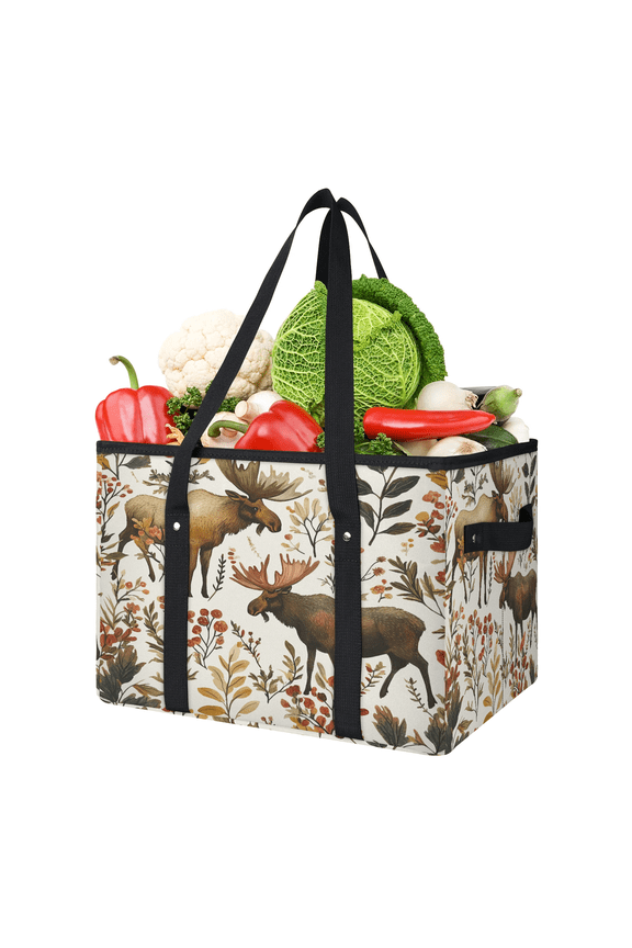 Floral Moose Reusable Grocery Bags, Foldable Reusable Shopping Bags, Fall Leaves Deer Collapsible Tote Bag with Reinforced Handles for Kitchen, Picnic