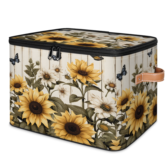 ADECORIVY Flower Sunflower Butterfly Storage Bin with Zipper Lid, Fabric Storage Baskets Boxes with Handles, Decorative Clothes Organizer Containers for Shelves, Wardrobe, Closet