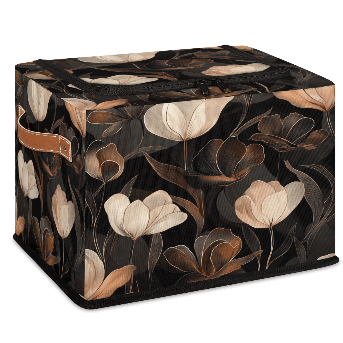 ADECORIVY Flowers Fabric Storage Bin with Lid, Decorative Closet Shelf Organizers, Art Floral Black Golden Foldable Basket Box Clothes Storage Bin with Handles
