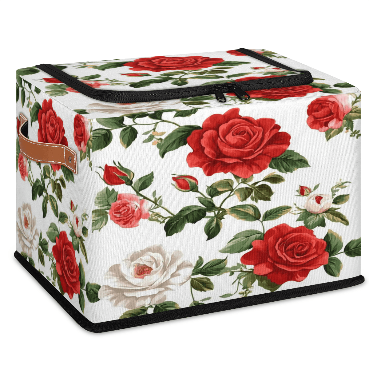 ADECORIVY Flowers Fabric Storage Bin with Lid, Decorative Closet Shelf Organizers, White Red Roses Foldable Basket Box Clothes Storage Bin with Handles