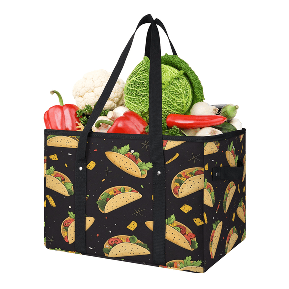 ADECORIVY Food Taco Reusable Grocery Bags, Foldable Reusable Shopping Bags, Mexican Taco Collapsible Tote Bag with Reinforced Handles for Kitchen, Picnic