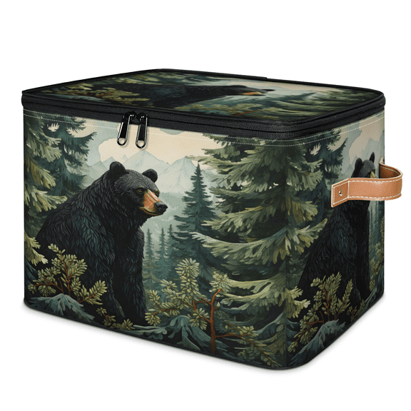 ADECORIVY Forest Bear Storage Bin with Zipper Lid, Fabric Storage Baskets Boxes with Handles, Decorative Clothes Organizer Containers for Shelves, Wardrobe, Closet