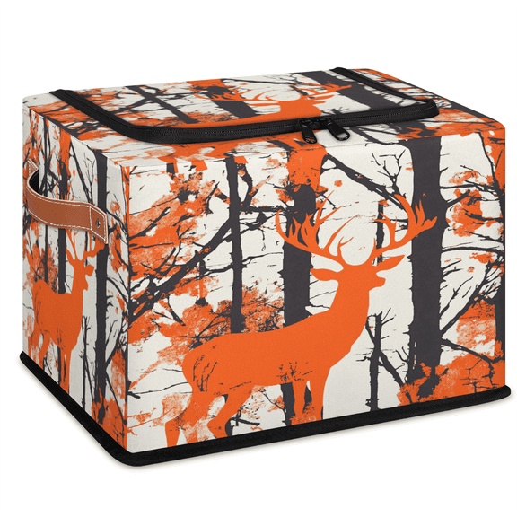ADECORIVY Forest Deer Fabric Storage Bin with Lid, Decorative Closet Shelf Organizers, Orange Camo Foldable Basket Box Clothes Storage Bin with Handles