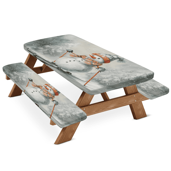 ADECORIVY Funny Snowman Ski Picnic Table Cover with Bench Covers, Waterproof Xmas Winter Outdoor Camping Tablecloth, Windproof Elastic Fitted Table Cover, 72 Inch 3PCS
