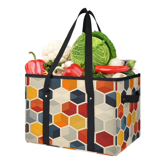 ADECORIVY Geometric Hexagon Reusable Grocery Bags, Foldable Shopping Bags for Groceries with Handles, Large Grocery Tote for Kitchen, Market, Car, Trunk, Picnic