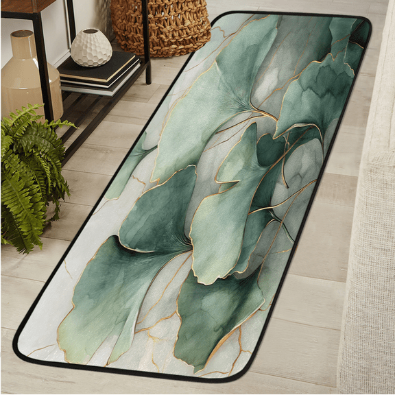 ADECORIVY Ginkgo Leaves Hallway Runner Rug 2x6 Washable Kitchen Runner Non Slip Laundry Room Bathroom Rug Light Green Marble Soft Carpet for Living Room Entryway Mat