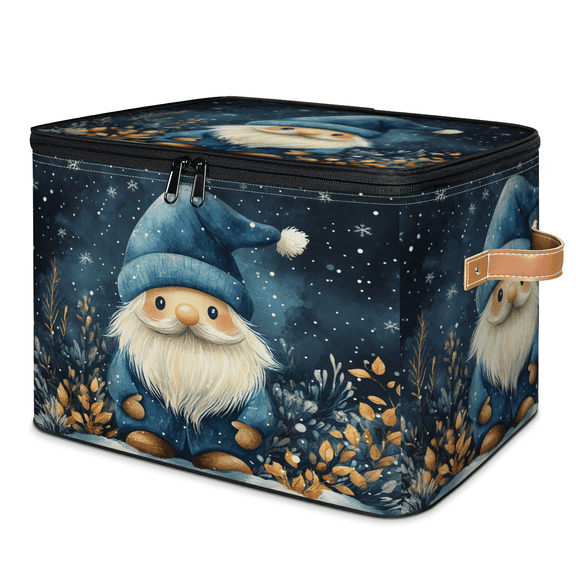 ADECORIVY Gnomes Storage Bin with Lid Fabric Winter Blue Foldable Storage Baskets Boxes for Clothes Shelves Closet Organizer Containers with Leather Handles for Wardrobe