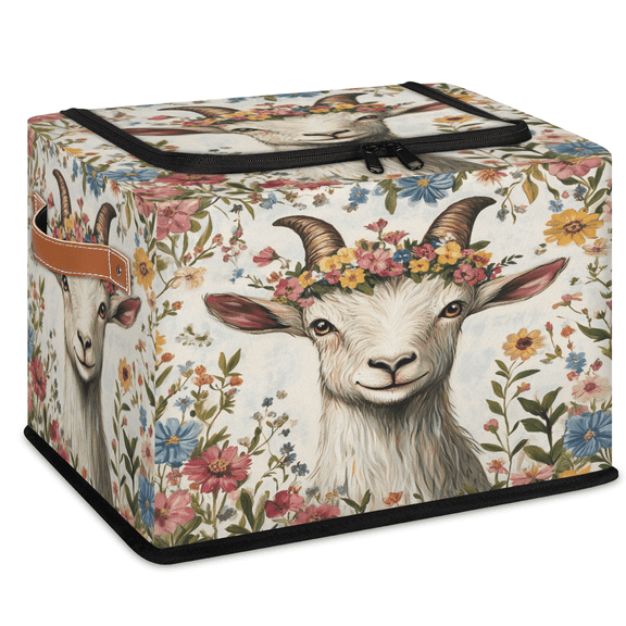 ADECORIVY Goat Sheep Fabric Storage Bin with Lid, Decorative Closet Shelf Organizers, Colorful Flowers Foldable Basket Box Clothes Storage Bin with Handles