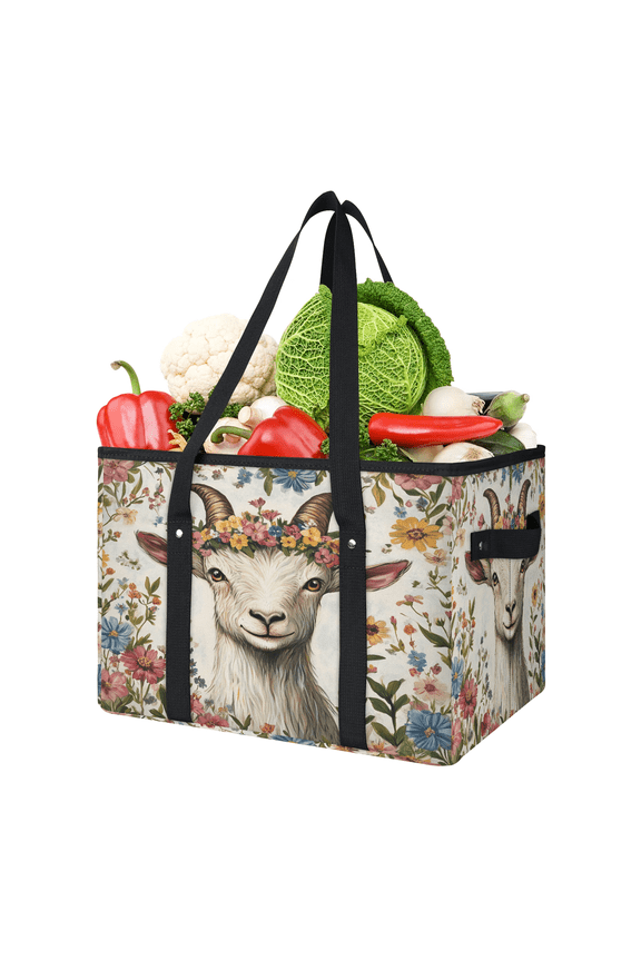 Goat Sheep Reusable Grocery Bags, Foldable Reusable Shopping Bags, Colorful Flowers Collapsible Tote Bag with Reinforced Handles for Kitchen, Picnic