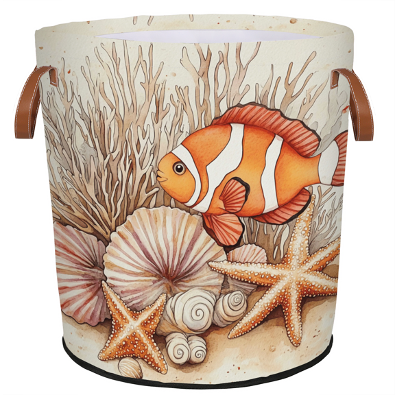 ADECORIVY Gold Fish Conch Laundry Hamper, Foldable Dirty Clothes Laundry Basket, Starfish Sea Shell Waterproof Storage Bin with Handles for Bathroom, Bedroom, Home