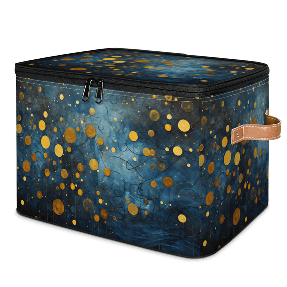 ADECORIVY Gold Polka Dot Blue Storage Bin with Zipper Lid, Fabric Storage Baskets Boxes with Handles, Decorative Clothes Organizer Containers for Shelves, Wardrobe, Closet