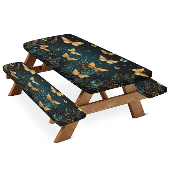 ADECORIVY Golden Butterfly Flower Picnic Table Cover with Bench Covers, Waterproof Camping Table Cover with Elastic Edges, Fitted Tablecloth for Rectangle Tables, Outdoor Essentials 72 Inch