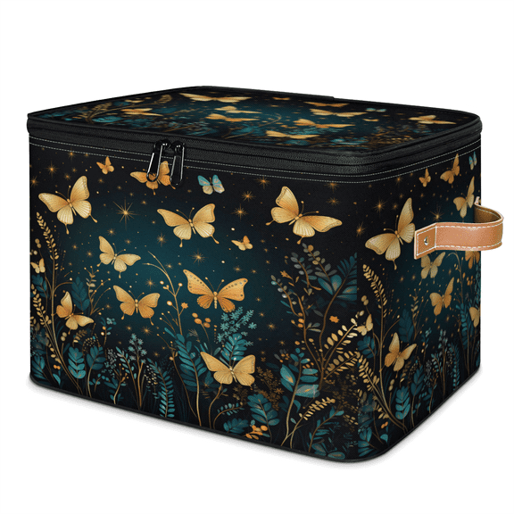 ADECORIVY Golden Butterfly Flower Storage Bin with Zipper Lid, Fabric Storage Baskets Boxes with Handles, Decorative Clothes Organizer Containers for Shelves, Wardrobe, Closet