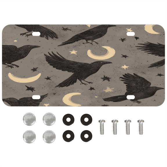 ADECORIVY Gothic Raven Crow Front License Plate, Moon Stars Novelty Vanity Tag Aluminum License Plate with 4 Holes, Metal Car Accessory for Men Women, 6 x 12 Inch