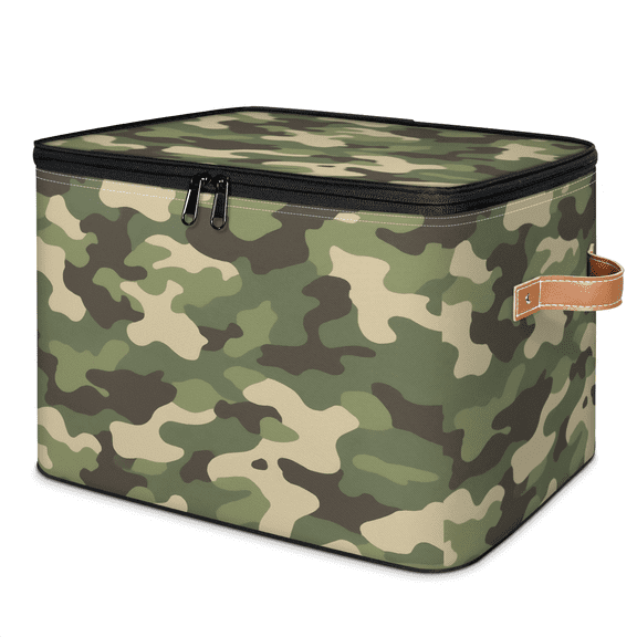 ADECORIVY Green Camouflage Storage Bin with Lid Fabric Camo Print Foldable Storage Baskets Boxes for Clothes Shelves Closet Organizer Containers with Leather Handles for Wardrobe