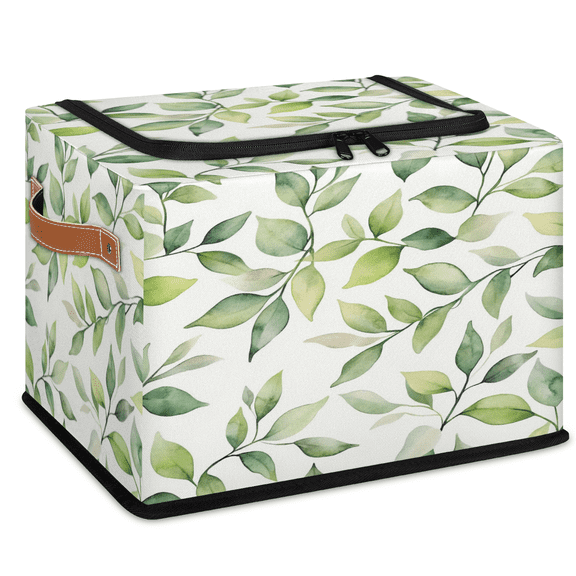 ADECORIVY Green Eucalyptus Leaves Fabric Storage Bin with Lid, Decorative Closet Shelf Organizers, Spring Watercolor Foldable Basket Box Clothes Storage Bin with Handles