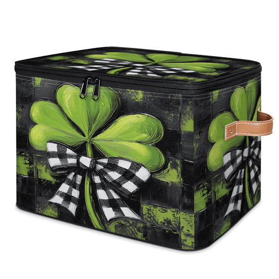 ADECORIVY Green Shamrock Bow Storage Bin with Lid Fabric St.Patricks Day Foldable Storage Baskets Boxes for Clothes Shelves Closet Organizer Containers with Leather Handles for Wardrobe
