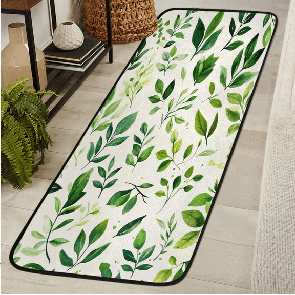 ADECORIVY Green Watercolor Leaves Washable Runner Rug for Hallway 2x6 Kitchen Runner with Non Slip Backing Soft Low-Pile Floor Carpet for Entrance Living Room Bedroom