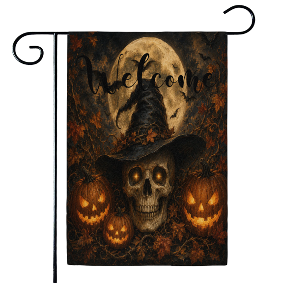 ADECORIVY Halloween Evil Skeleton Pumpkin Welcome Garden Flag 12x18 Inch Double Sided Outside Porch Yard Decoration Outdoor Flag
