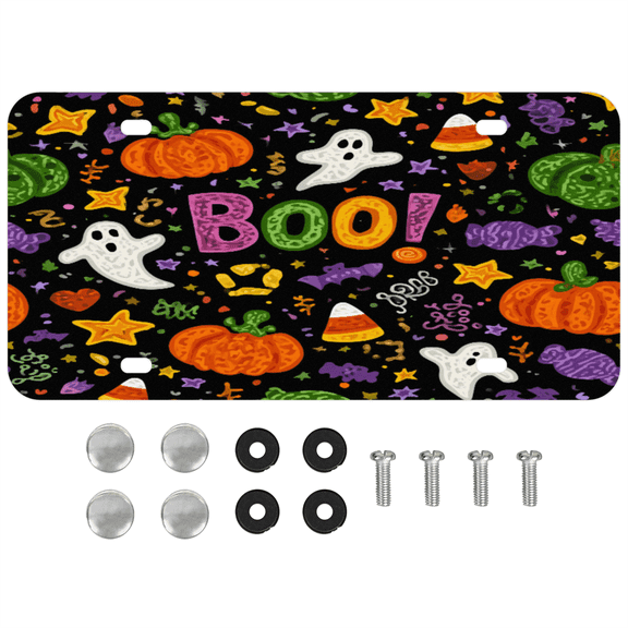 ADECORIVY Halloween Ghost Front License Plate, Colorful Pumpkin Novelty Vanity Tag Aluminum License Plate with 4 Holes, Metal Car Accessory for Men Women, 6 x 12 Inch