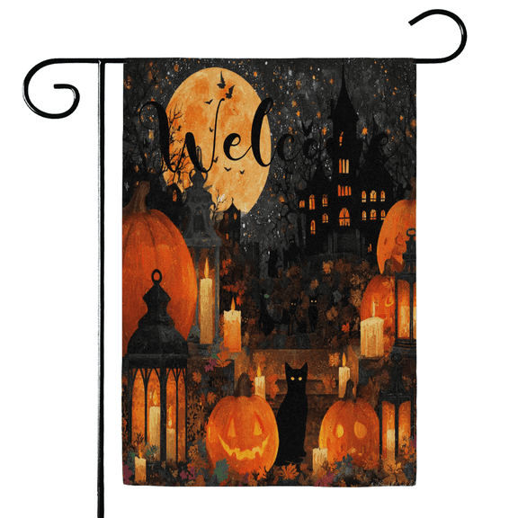 ADECORIVY Halloween Haunted House Welcome Garden Flag 12x18 Inch Double Sided Outside Porch Yard Decoration Black Cat Outdoor Flag