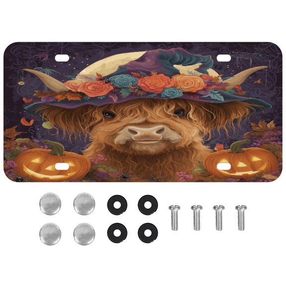ADECORIVY Halloween Highland Cow Front License Plate, Funny Pumpkin Novelty Vanity Tag Aluminum License Plate with 4 Holes, Metal Car Accessory for Men Women, 6 x 12 Inch