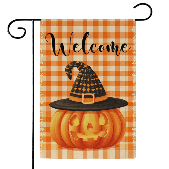 ADECORIVY Halloween Pumpkin Welcome Garden Flag 12x18 Inch Double Sided Outside Porch Yard Decoration Fall Buffalo Plaid Outdoor Flag