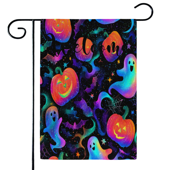 ADECORIVY Halloween Pumpkin Welcome Garden Flag 12x18 Inch Double Sided Outside Porch Yard Decoration Ghost Bats Neon Stars Outdoor Flag