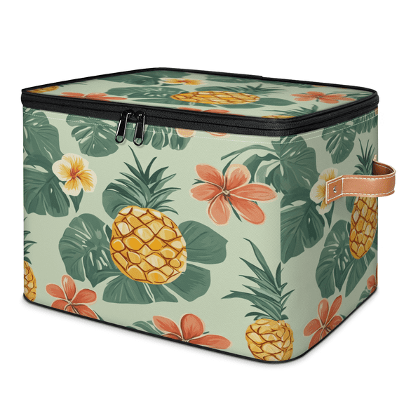 ADECORIVY Hawaiian Pineapple Storage Bin with Zipper Lid, Fabric Storage Baskets Boxes with Handles, Decorative Clothes Organizer Containers for Shelves, Wardrobe, Closet
