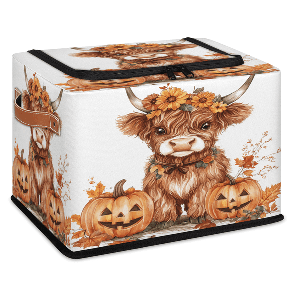 ADECORIVY Highland Cow Fabric Storage Bin with Lid, Decorative Closet Shelf Organizers, Cattle Fall Leaves Pumpkin Foldable Basket Box Clothes Storage Bin with Handles