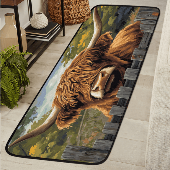ADECORIVY Highland Cow Hallway Runner Rug 2x6 Washable Kitchen Runner Non Slip Laundry Room Bathroom Rug Farm Animal Cattle Soft Carpet for Living Room Entryway Mat