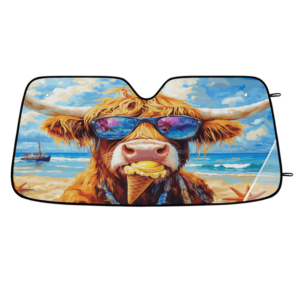 ADECORIVY Highland Cow Sunglasses Windshield Sun Shade Car Sunshade for Front Window Funny Beach Cattle Foldable Sun Shield Protector Blocks UV Rays for Car Truck SUV 55 x 27 in