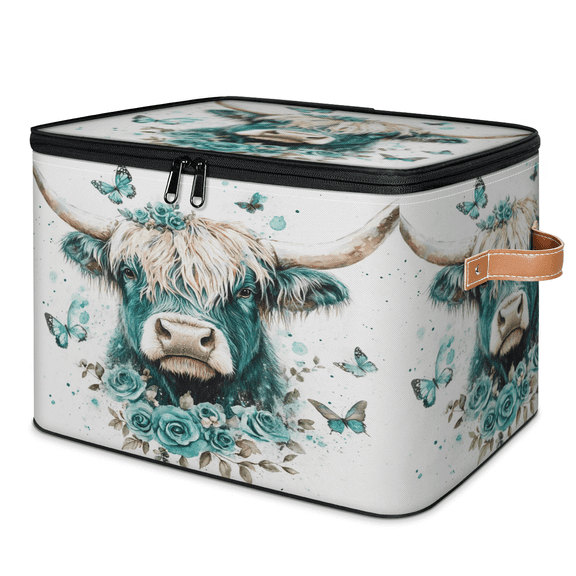 ADECORIVY Highland Cow Teal Butterfly Flower Storage Bin with Zipper Lid, Fabric Storage Baskets Boxes with Handles, Decorative Clothes Organizer Containers for Shelves, Wardrobe, Closet