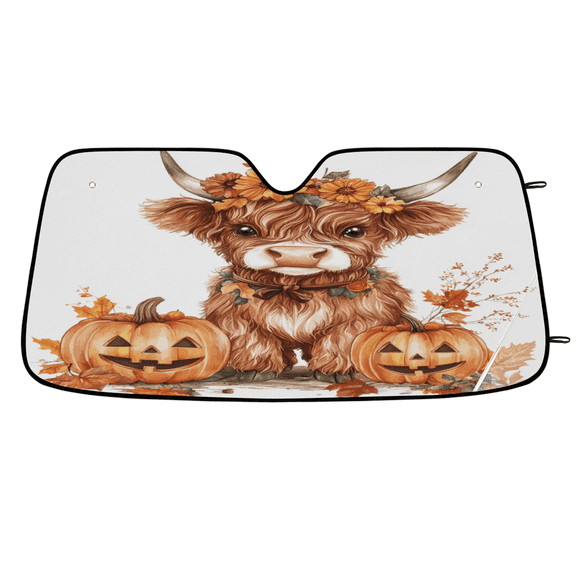 ADECORIVY Highland Cow Windshield Sun Shade Car Sunshade for Front Window Cattle Fall Leaves Pumpkin Foldable Sun Shield Protector Blocks UV Rays for Car Truck SUV 55 x 27 in