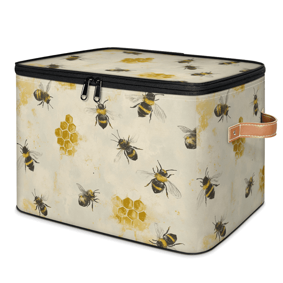 ADECORIVY Honey Bee Storage Bin with Lid Fabric Vintage Honeycomb Foldable Storage Baskets Boxes for Clothes Shelves Closet Organizer Containers with Leather Handles for Wardrobe