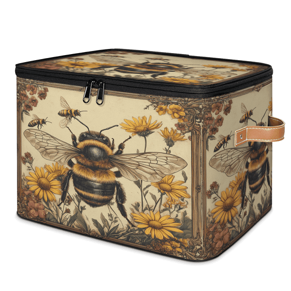 ADECORIVY Honey Bee Storage Bin with Lid Fabric Vintage Sunflower Foldable Storage Baskets Boxes for Clothes Shelves Closet Organizer Containers with Leather Handles for Wardrobe