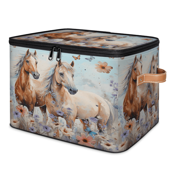 ADECORIVY Horse Butterfly Flower Storage Bin with Zipper Lid, Fabric Storage Baskets Boxes with Handles, Decorative Clothes Organizer Containers for Shelves, Wardrobe, Closet