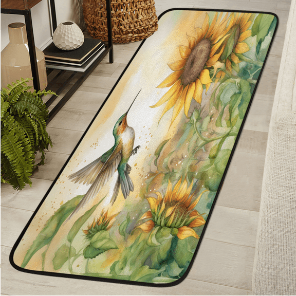 ADECORIVY Hummingbird Rustic Sunflower Washable Runner Rug for Hallway 2x6 Kitchen Runner with Non Slip Backing Soft Low-Pile Floor Carpet for Entrance Living Room Bedroom